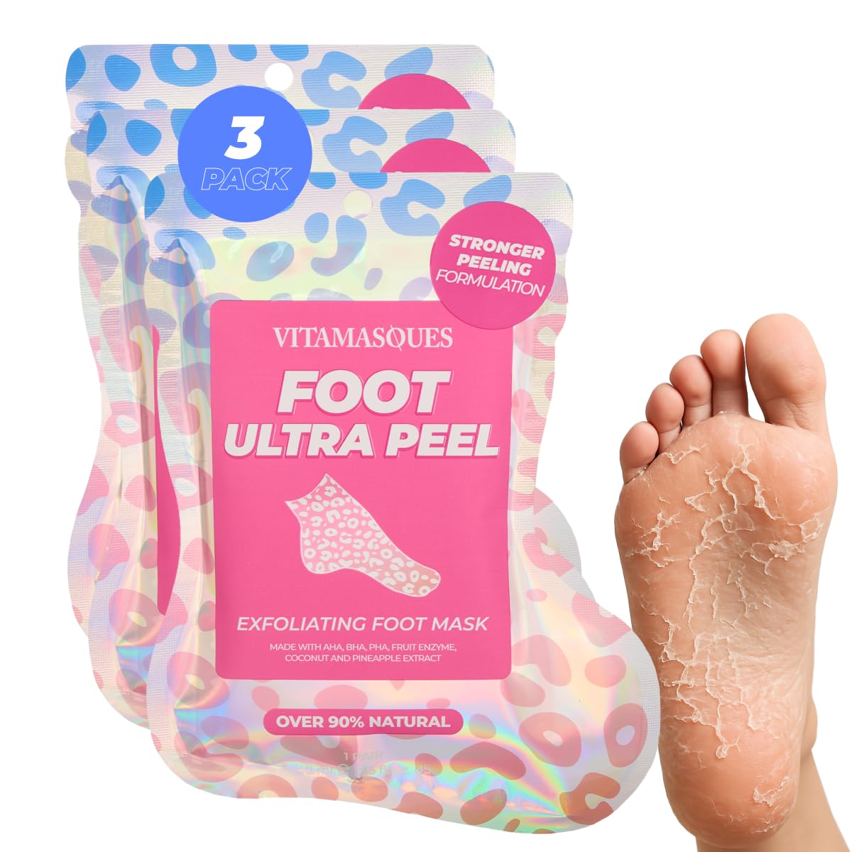 Vitamasques Foot Peeling Mask - 5 Pairs Professional Korean Exfoliating Foot Mask for Dry Cracked Feet & Callus Removal, Feet Peeling Masks that Remove Dead Skin for Soft Heels with AHA BHA PHA