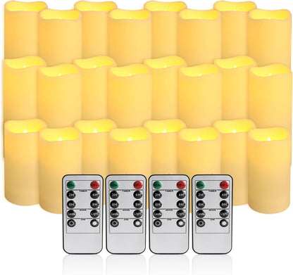 24 Pcs LED Flameless Candles with Remote, 3D Flickering Flame & LED String Lights, Acrylic Clear Cylinder, Timer Function, Romantic Ambience for Home Decor, Party, Wedding (Ivory).