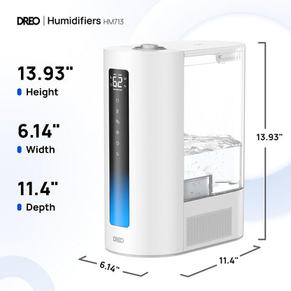 DREO 6L Smart Warm & Cool Mist Humidifiers for Bedroom HM713S | 60-Hour Quiet Runtime for Large Room, 500ML/HR Output, Smart Humidity Sensor, Indicator Light, Works with Alexa & Google