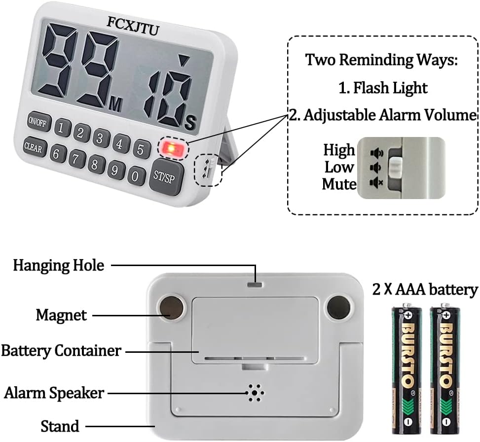Digital Dual Kitchen Timer, 3-Channel Magnetic Countdown Timer for Cooking