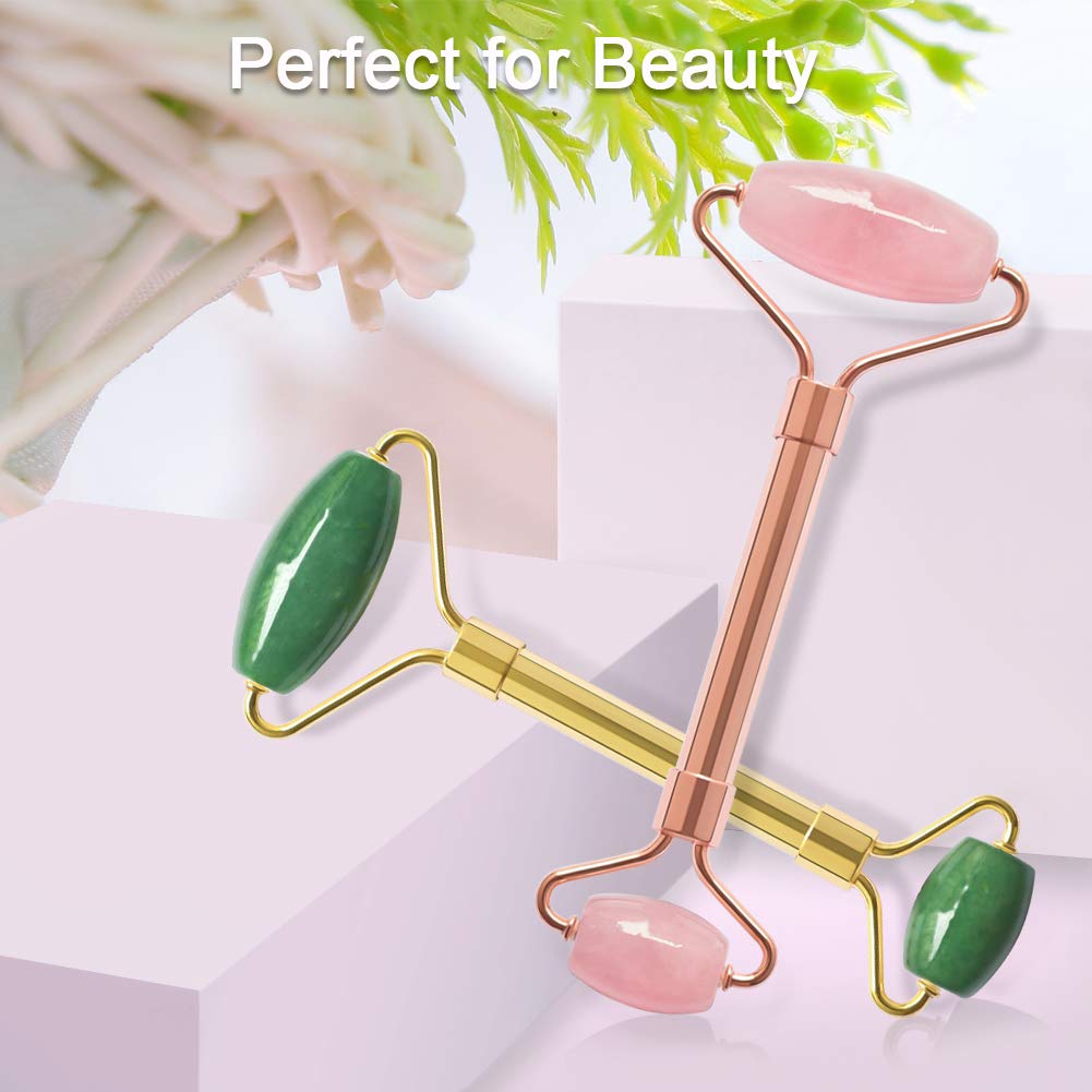 Jade Roller & GuaSha Set-Facial Beauty Roller Skin Care Tools, Rose Quartz Massager for Face, Eyes, Neck, Body to Relieve Wrinkles,Fine Line and Eyepuffiness