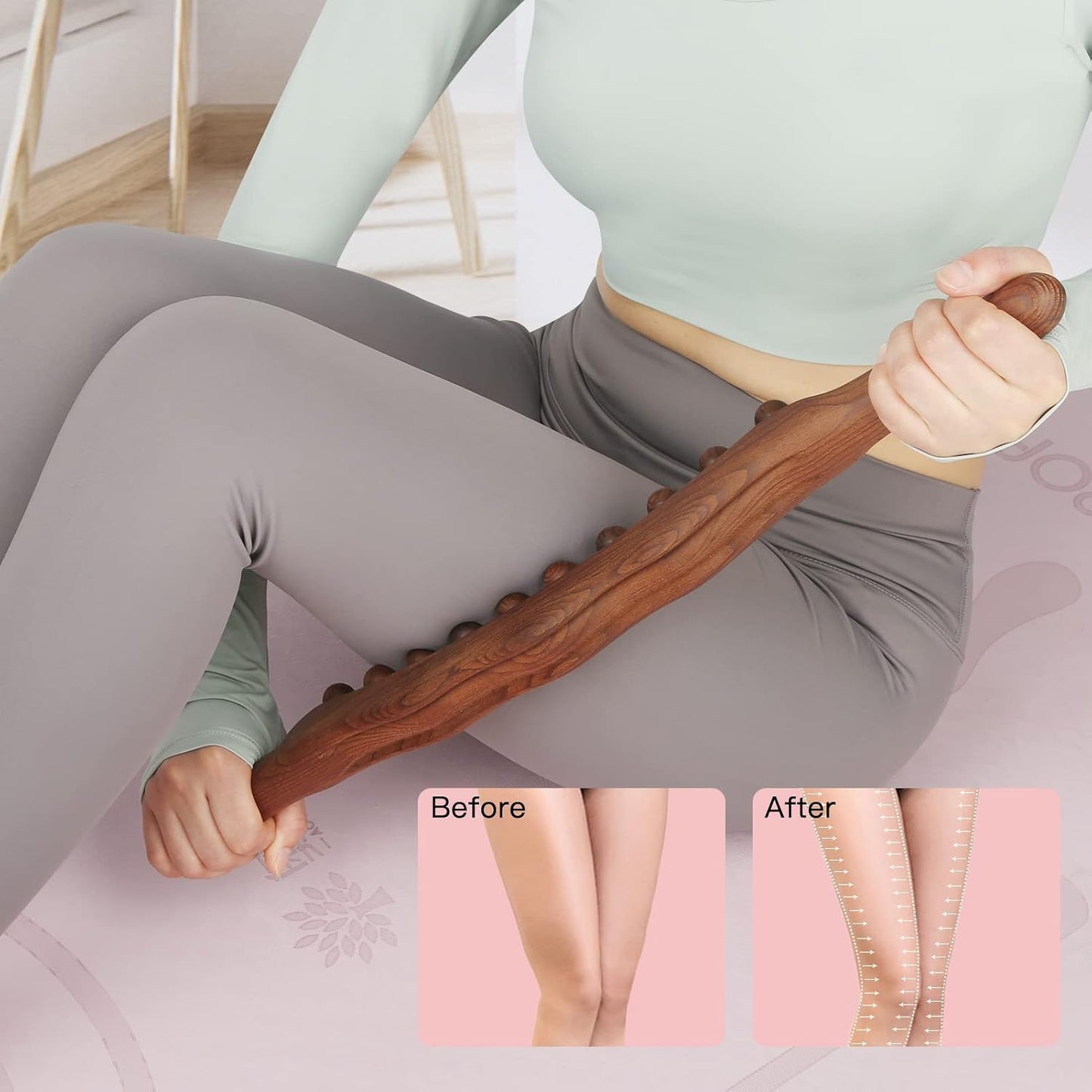 Wood Therapy Guasha Wood Stick Massage Tools, Lymphatic Drainage Massage Stick, Stomach Cellulite Massager, Myofascial Release Tool, Ease Pain Self Body Sculpting, Mountable Handle Double Row 20 Beads