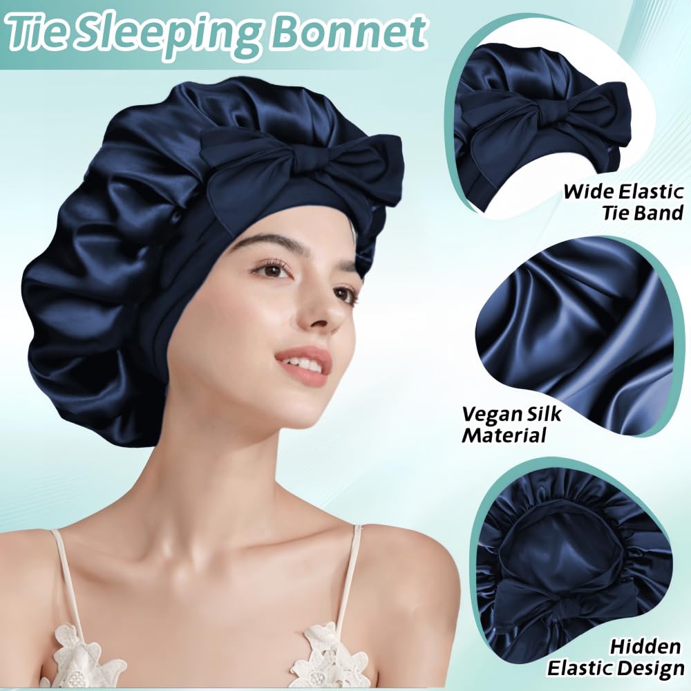 VECIIR Silk Bonnet for Sleeping Women, Ajustable Hair Bonnet for Curly Hairs Satin Bonnet Reduce Friction Prevent Frizz Black，Large