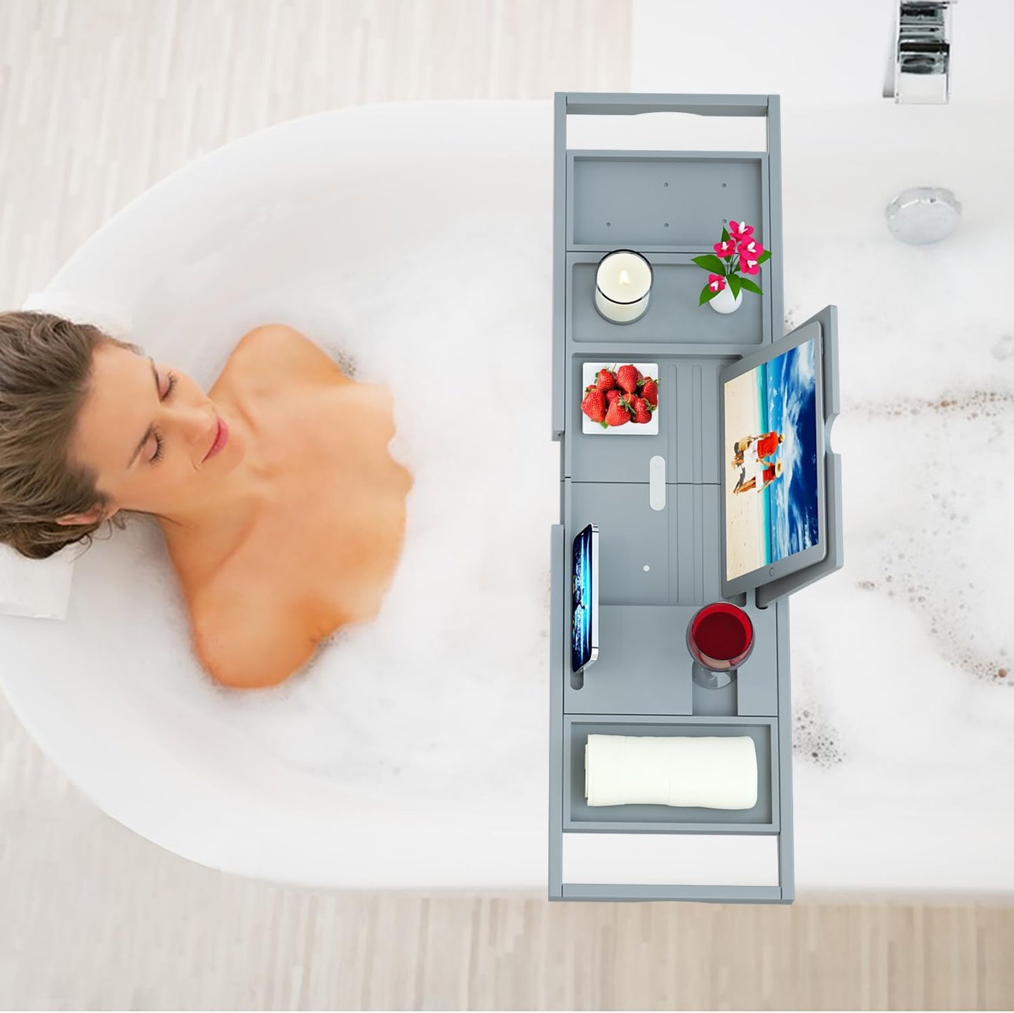 Premium Bamboo Bathtub Tray Caddy - Bath Tub Tray Table for Bathtub - Bath Caddy Tray for Bathtub, Expandable Size, Fits Most Bath Tubs
