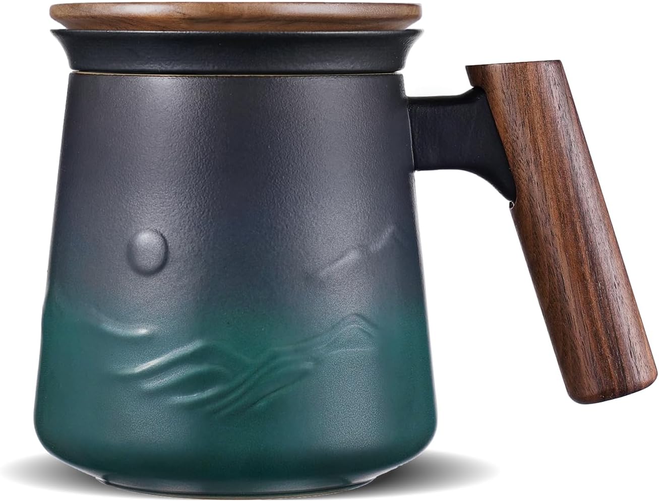 ZENS Embossed Ceramic Tea Mug with Infuser and Lid, 14.5 oz Wooden Handle, Loose Leaf Tea Steeper Cup & Strainer for Tea Lovers Gifts