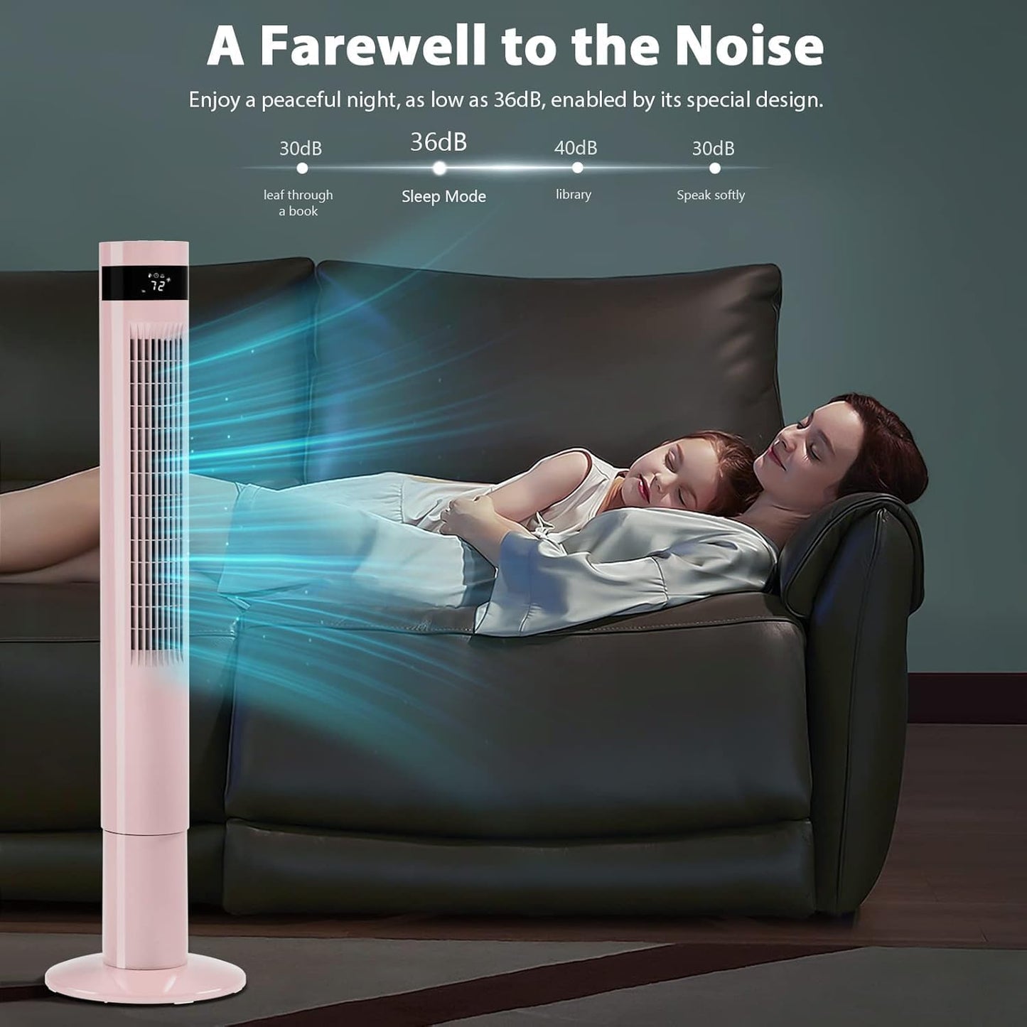 Antarctic Star Tower Fan 85°Oscillating Fan Quiet Cooling 12H Timer Remote Control Bladeless Electric 3 Speeds Wind 3 Modes, 42INCH, PINK