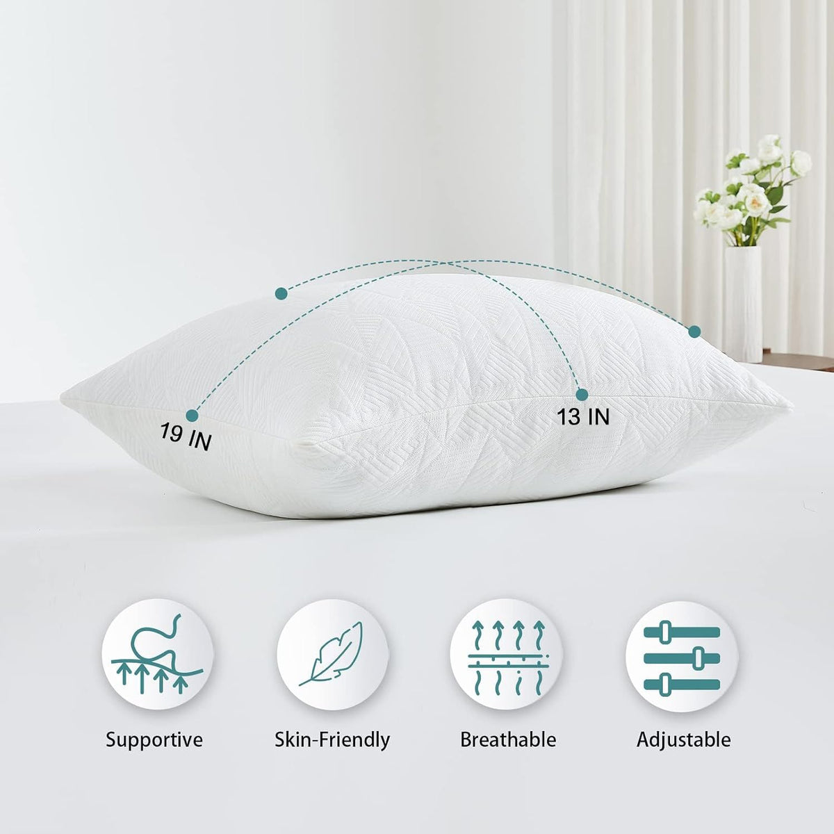 BETU Cooling Pillow Queen Size, Shredded Memory Foam Cool Pillow for Hot Sleepers, Adjustable Firm Soft Support Bed Pillows Perfect for Back Neck Pain and Side Sleeping with Pillow Case Cover, White