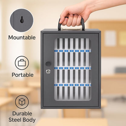 Barska 36 Cell Phone Lock Box Portable & Wall Mountable Storage Cabinet with Key Lock, Foam Slots & Charging Ports for Classrooms & Offices