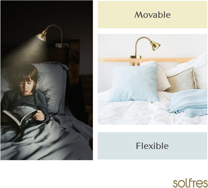 Solfres Patented Innovative Design Headboard Reading Light. No Drilling Golden Book Light for Bedtime Reading. Dimmable LED Book Reading Lamp with Bulb. Movable & Flexible, Black