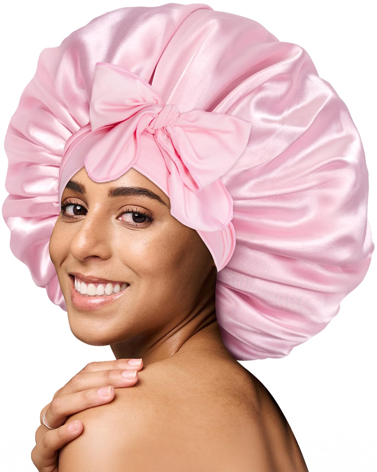 BONNET QUEEN Silk Bonnet for Sleeping for Women Satin Bonnet Night Cap for Curly Hair with Tie Band, Single Layer, Cream Pink