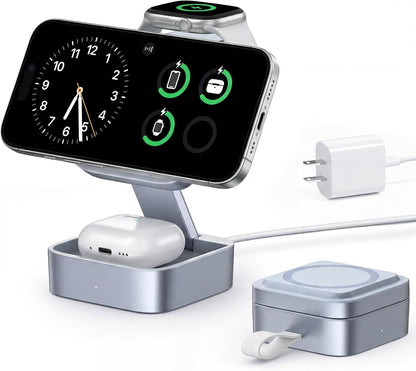 3 in 1 Wireless Charging Station for Apple Devices, Magnetic Foldable Travel Fast Charger Stand Compatible with MagSafe for iPhone 18/Air/17/16/15/14/13/12 Series, Apple Watch & AirPods Pro/4/3/2