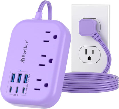 6 USB(3 USB C) Power Strip- Travel Power Strip with 6 USB Desktop Charging Station 24W/4.8A and 3 Outlets, 5Ft Flat Plug Braided Extension Cord, Non Surge Protector for Cruise Ship Travel Office Dorm