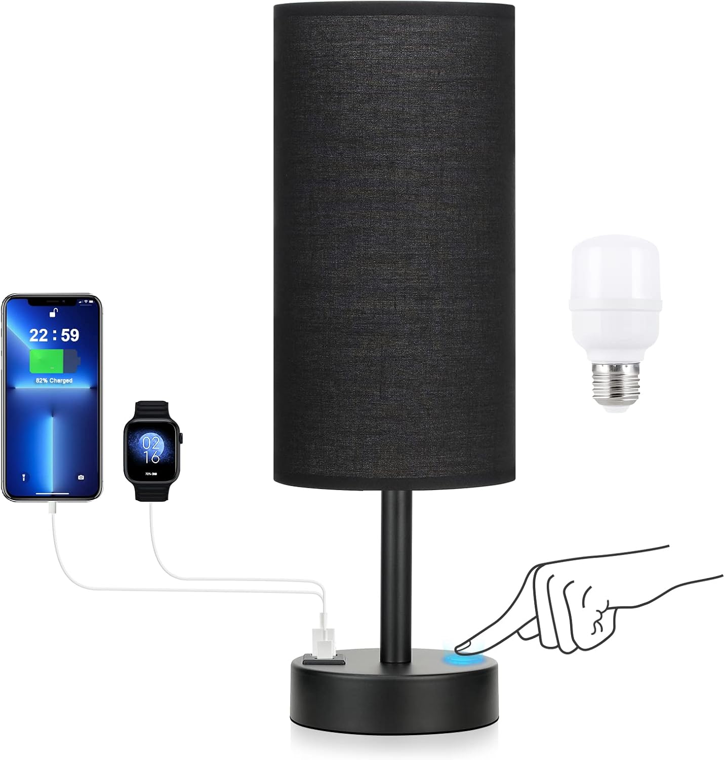 Dicoool Touch Table Lamp for Bedroom, 3 Way Dimmable Bedside Lamp with USB C & A Charging Ports - Small Desk Lamp for Dorm Room, College, Kids, Office, Living Room, White