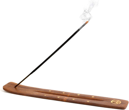 Wooden Incense Holder for Sticks with Inlays of Brass Crescent Moon 10 inches Long