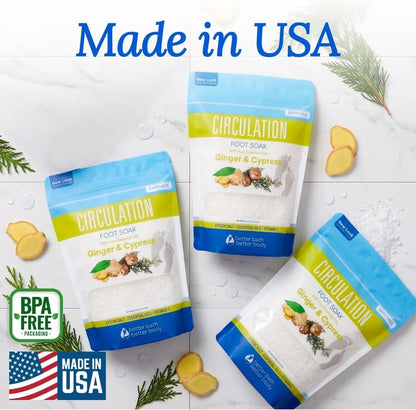 Circulation Foot Soak 32 Ounces (2 Lbs) Epsom Salt with Pure Essential Oils Ginger and Cypress Essential Oils Plus Vitamin C in BPA Free Pouch with Easy Press Lock Seal