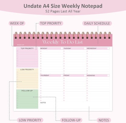 Weekly To Do List Notepad, 52 Sheets, Undated Weekly Planner, Letter Size | 8.5"x11", 100GSM, Thick Paper, Twin-Wire Spiral Bound, Tear Off Desk Pad, For Women & Man, Home School & Office Work