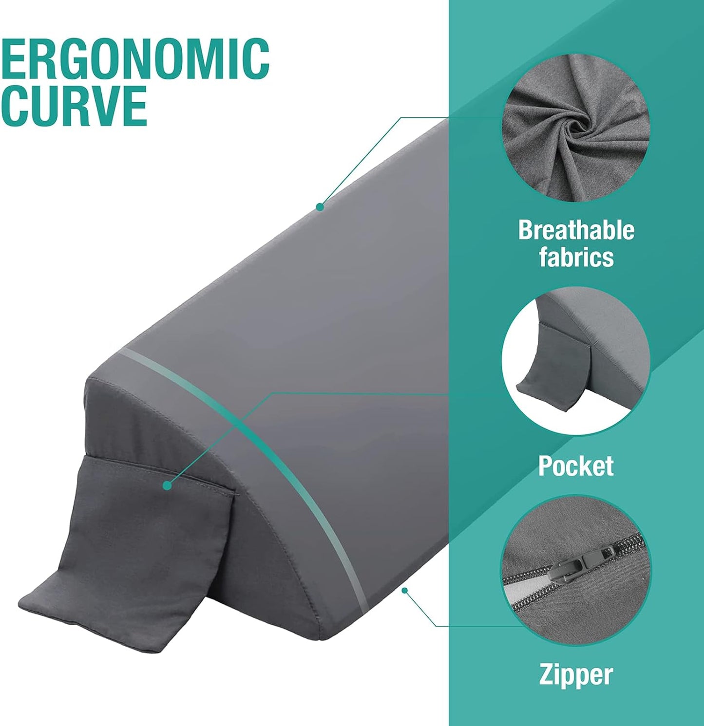 Vekkia 34" Extra-Long Wedge Pillow, Back & Arm Support, Bed Wedge Pillow for Sleeping After Surgery, Acid Reflux, Snoring Relief, Removable Washable Cover & Double Side Pockets, 5.5" Height, Gray