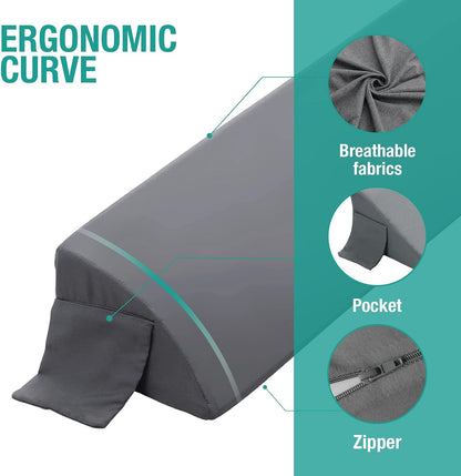 Vekkia 34" Extra-Long Wedge Pillow, Back & Arm Support, Bed Wedge Pillow for Sleeping After Surgery, Acid Reflux, Snoring Relief, Removable Washable Cover & Double Side Pockets, 5.5" Height, Gray