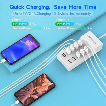 10-Port USB Wall Charger Station with Rapid Charging Auto Detect Technology Safety Guaranteed Family-Sized USB Ports for Multiple Devices Smart Phone Tablet Laptop Computer