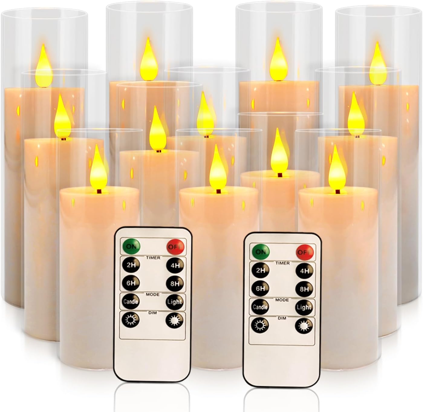 24 Pcs LED Flameless Candles with Remote, 3D Flickering Flame & LED String Lights, Acrylic Clear Cylinder, Timer Function, Romantic Ambience for Home Decor, Party, Wedding (Ivory).