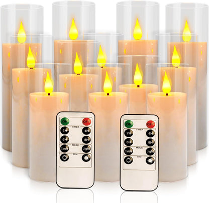 24 Pcs LED Flameless Candles with Remote, 3D Flickering Flame & LED String Lights, Acrylic Clear Cylinder, Timer Function, Romantic Ambience for Home Decor, Party, Wedding (Ivory).