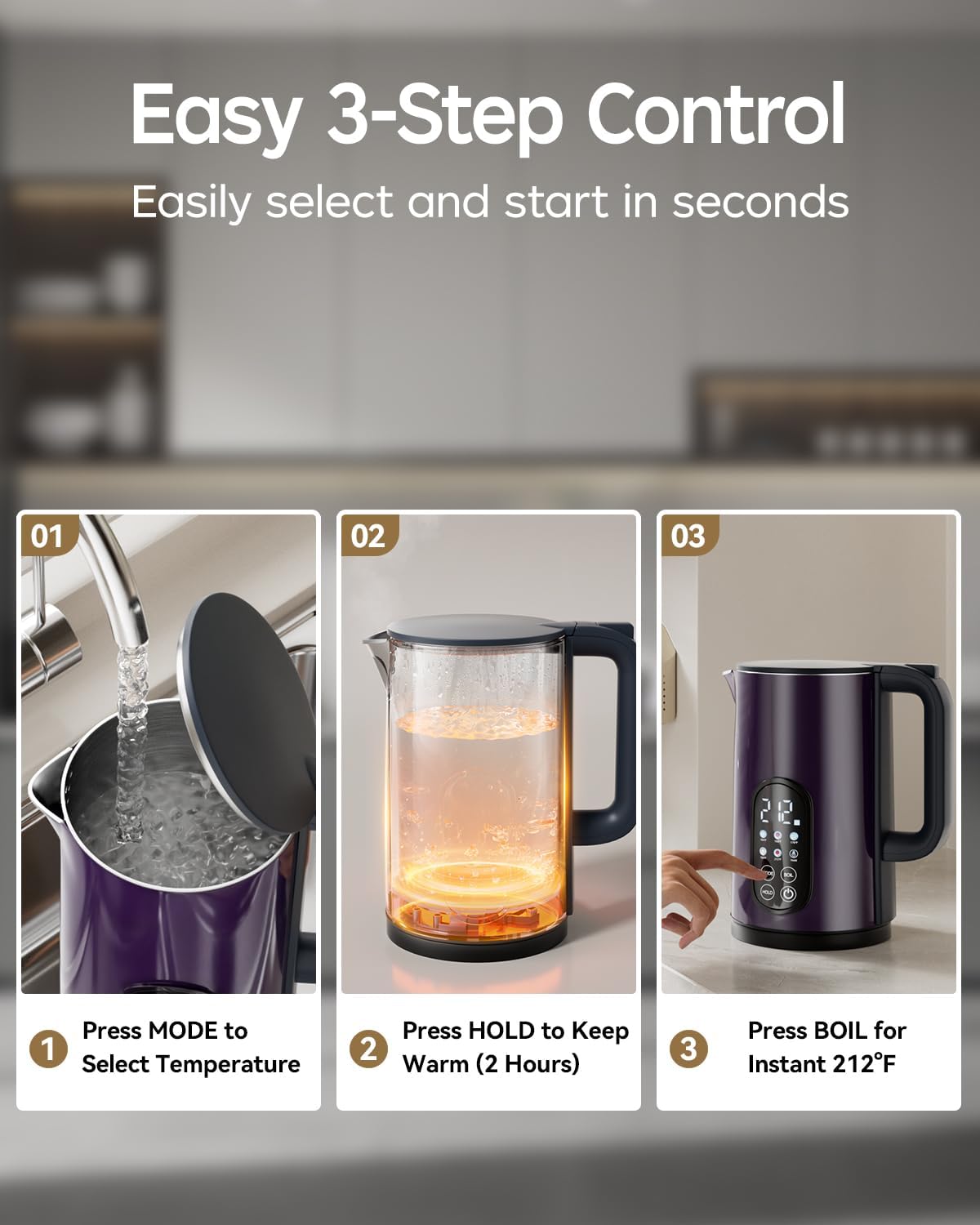 Electric Kettle with Temperature Control, 1.7L Hot Water Kettle for Tea, Coffee & Daily Use, 5 Presets, 2H Keep Warm, Stainless Steel Interior, Auto Shut-Off, Cordless Electric Tea Kettle, Blue