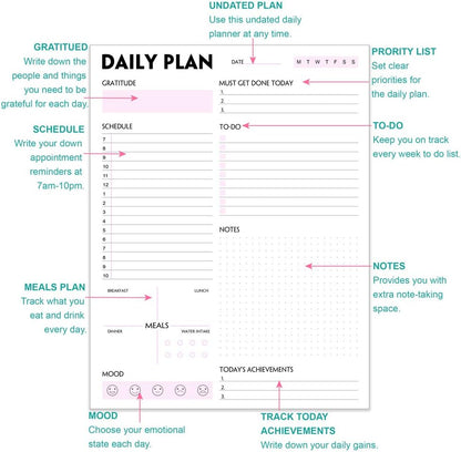 Daily Planner Notepad - A5 Calendar, Scheduler, Organizer with Priority, To Do List, Appointments, Notes, Meals and Water Intake Tracker, 50 Undated Tear-Off Sheets Planning Pad, 5.8"x8.25"