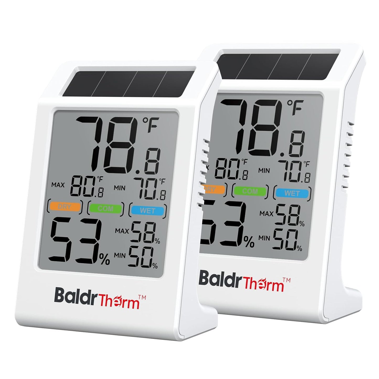 BaldrTherm Room Thermometer Indoor Humidity Meter Solar Powered with Max/Min Memory & Comfort Indicator - 3.2" Large Display for Home, White