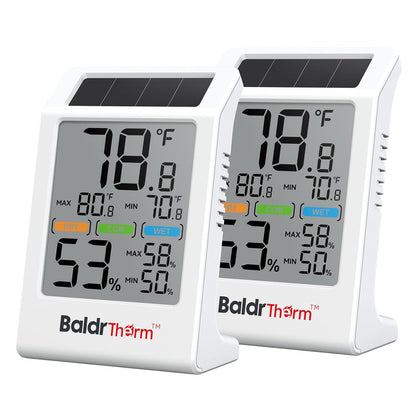 BaldrTherm Room Thermometer Indoor Humidity Meter Solar Powered with Max/Min Memory & Comfort Indicator - 3.2" Large Display for Home, White