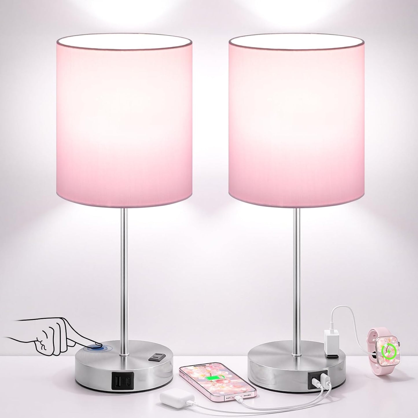 Blue Touch Lamps for Nightstand Set of 2 - Bedside Table Lamp for Bedroom with Dual USB Ports & AC Outlet, 3-Way Dimmable Lamps for Living Room Boys Room, Night Light with 5000K Daylight Bulbs