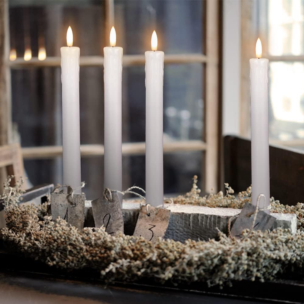GenSwin Flameless Ivory Taper Candles Flickering with 10-Key Remote, Battery Operated Led Warm 3D Wick Light Window Candles Real Wax Pack of 6, Christmas Home Wedding Decor(0.78 X 9.64 Inch)