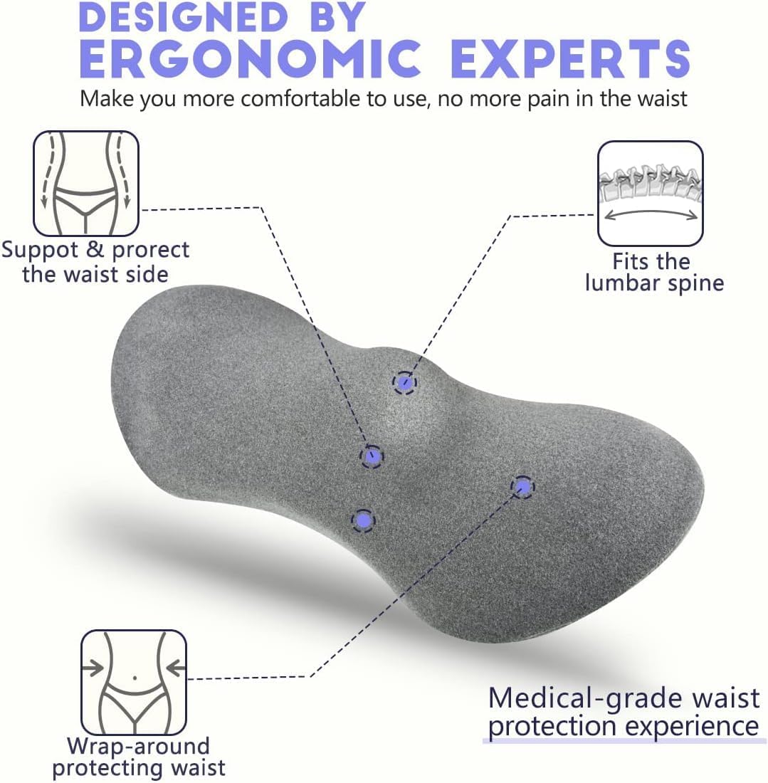 kasney Lumbar Support Pillow, Back Pillow for Low Back Pain Relief, Ergonomic Streamline Car Seat, Office Chair, Recliner and Bed (Gray)