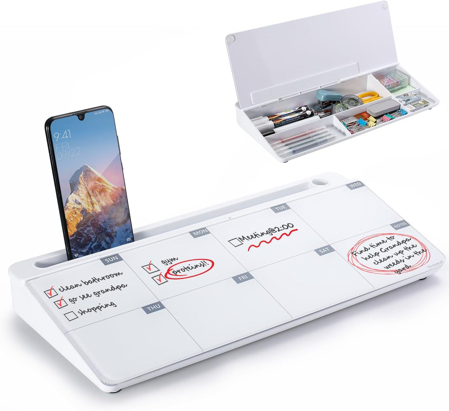 TSJ OFFICE Whiteboard Weekly Dry-Erase-Board - Desktop White Board Calendar Desk Organizers with Accessories Computer Keyboard Stand with Drawer, for Office, Home, School Supplies - White Calendar