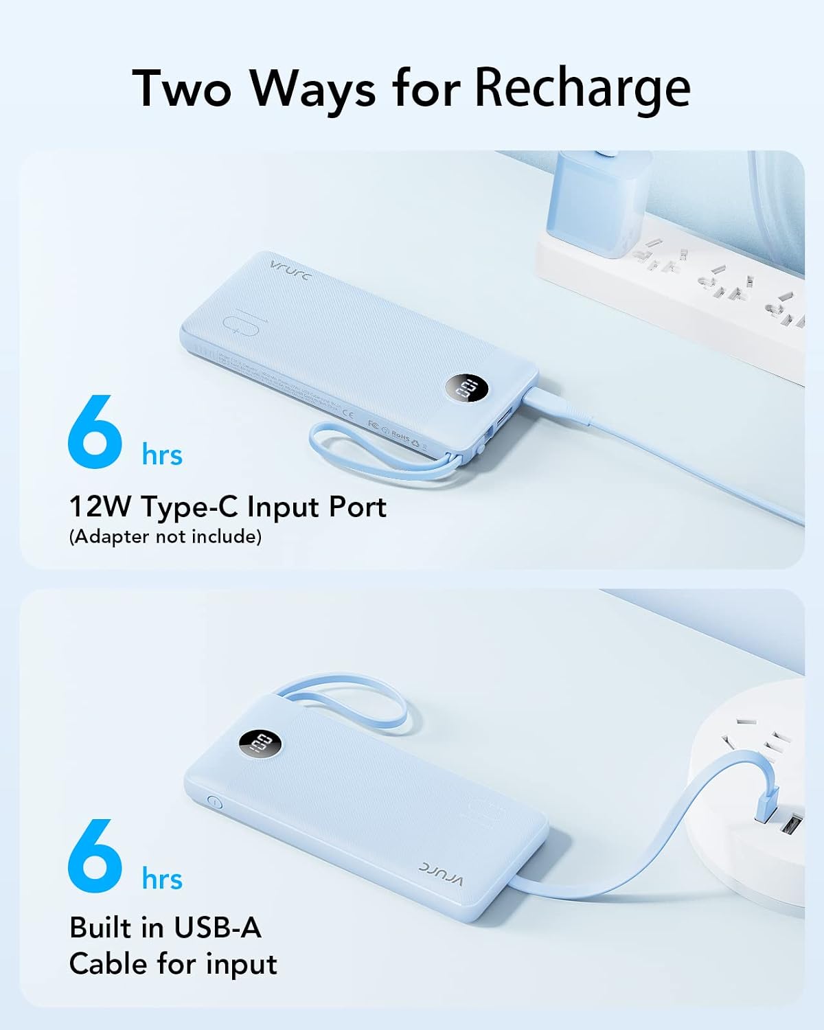VRURC Portable Charger, Slim Power Bank Built-in 4 Cables, Travel Essential