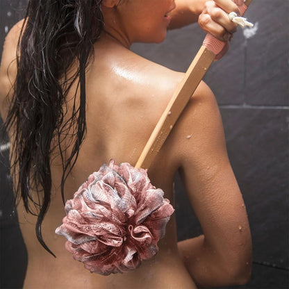 Toem® Loofah Back Scrubber for Shower | Bamboo Charcoal Fiber Infused | Loufas for Men & Women | Includes 1 Long Handled Shower Sponge, 1 Bath & Shower Luffa Pouf & 1 Hook to Hang Stuff (Slate Grey)
