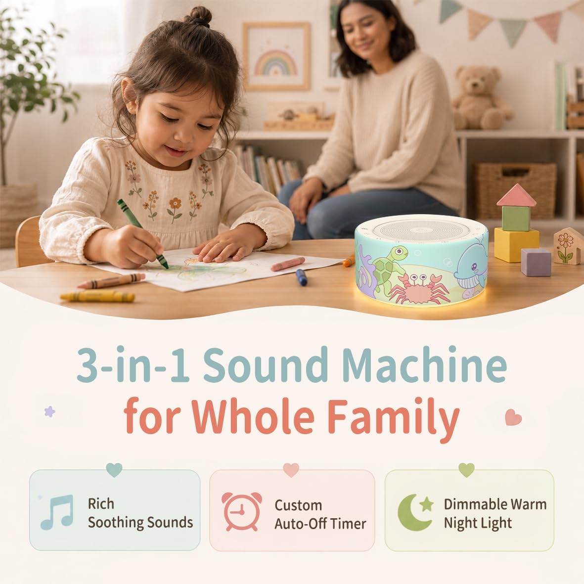 Kipcush White Noise Machine for Baby & Adults, 30 Soothing Sounds, Soft Non-Glare Nursery Lamp, 8 Color Night Lights, Memory Function (Angel V1 White, Standard)