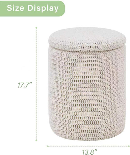 Wimarsbon Pouf Ottoman, 100% Cotton Knitted Boho Footstool, Round Footrest with Non-Skid Wood Legs, Home Décor Handmade Pouffe, Leisure Floor Step Stool for Living Room (Beige)