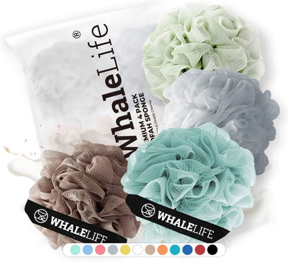 WhaleLife Loofah Bath Sponges - Black Gentle Exfoliating Shower Loofah for Rich Lather, Durable Mesh Body Scrubber for Men & Women 4 Pack