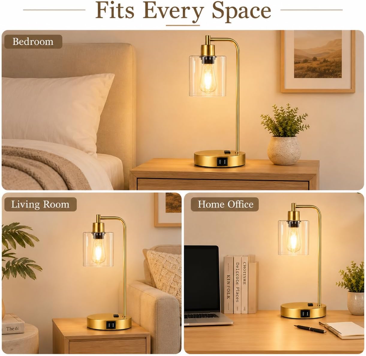 Set of 2 Industrial Touch Control Table Lamps with USB C+A Ports and AC Outlet - 3-Way Dimmable Black Bedside Lamps Nightstand Desk Lamps for Bedroom Living Room, Glass Shade & 2 LED Bulbs Included