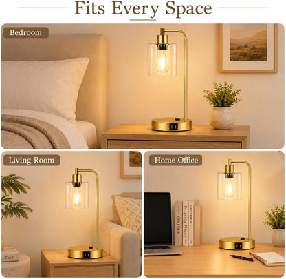 Set of 2 Industrial Touch Control Table Lamps with USB C+A Ports and AC Outlet - 3-Way Dimmable Black Bedside Lamps Nightstand Desk Lamps for Bedroom Living Room, Glass Shade & 2 LED Bulbs Included
