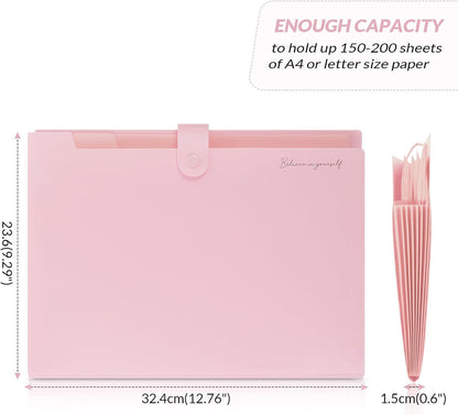 SKYDUE Expanding File Folder, Accordion File Organizer with 8 Pockets, Expandable Document Paper Receipt Holder for School Office Hospital, Letter/A4 Size Pink