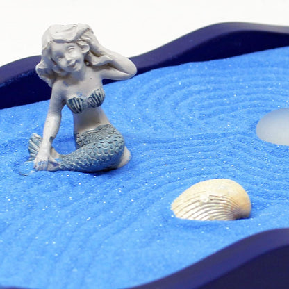 Nature's Mark Mini Zen Garden Kit for Desk with Rake, White Sand, Lotus Figure, 3 Sections Black Square Base, River Rocks and Black Rocks (9Lx9W C)