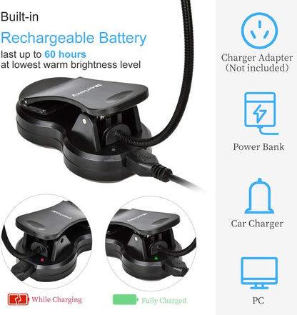 Rechargeable Book Light: Clip on LED Book Light for Reading in Bed - Adjustable 3 Color 3 Brightness - 60 Hours Eye Care Reading Lamp-Lightweight & Portable for Bed &Travel (Black)