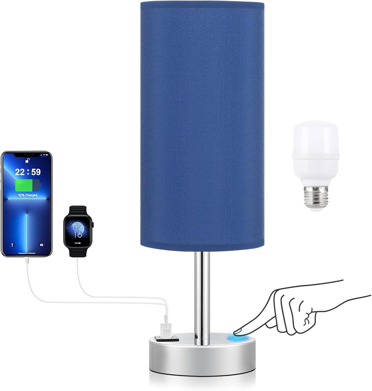 Dicoool Touch Table Lamp for Bedroom, 3 Way Dimmable Bedside Lamp with USB C & A Charging Ports - Small Desk Lamp for Dorm Room, College, Kids, Office, Living Room, White