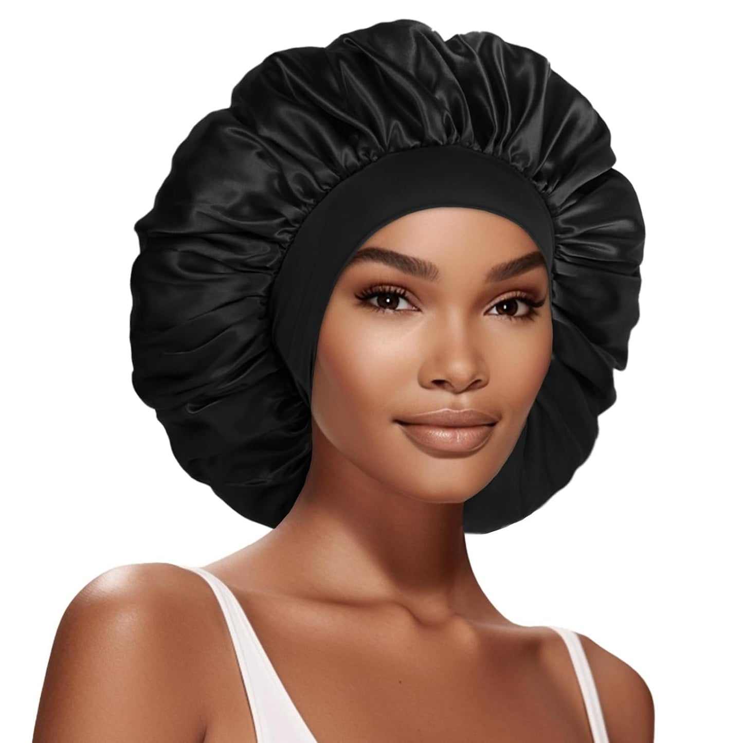 Extra Large Satin Bonnet Hair Cap for Women Men | 17inches, Jumbo Silk Sleep Cap, Wide Elastic Band for Braids Curly Hair Locs, Black