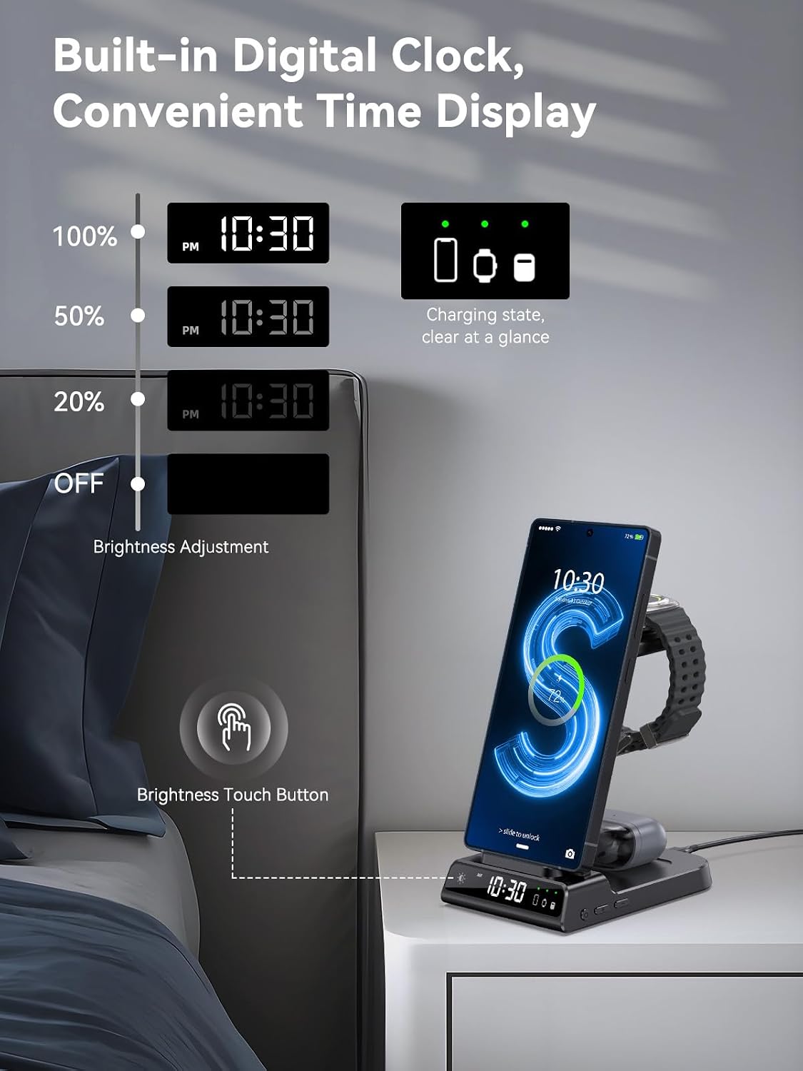 Wireless Charger for Samsung S25 with Clock 3 in 1 Android Charging Station