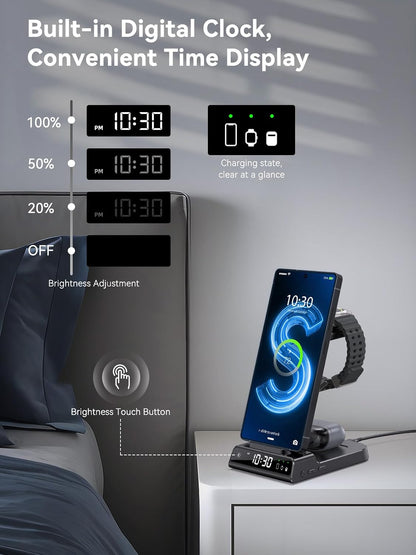 Wireless Charger for Samsung S25 with Clock 3 in 1 Android Charging Station