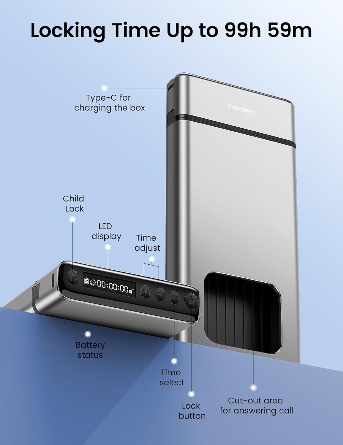 Vaydeer Metal Phone Lock Box with Timer, Cell Phone Lock Box for Focus and Screen Time Control, Timed Phone Locker to Reduce Screen Stress, Silver Self Control Box for Kids Students Adults