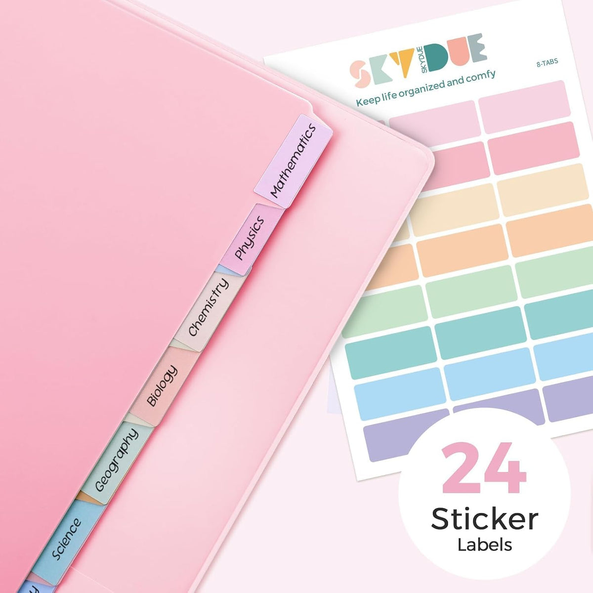 SKYDUE 1 Inch 3 Ring Binder with 8 Tab Dividers & 24 Labels, Pastel Binder Organizer for Letter Size Paper, Aesthetic School Binder for Notes, Documents, Office & Home Organization, Purple