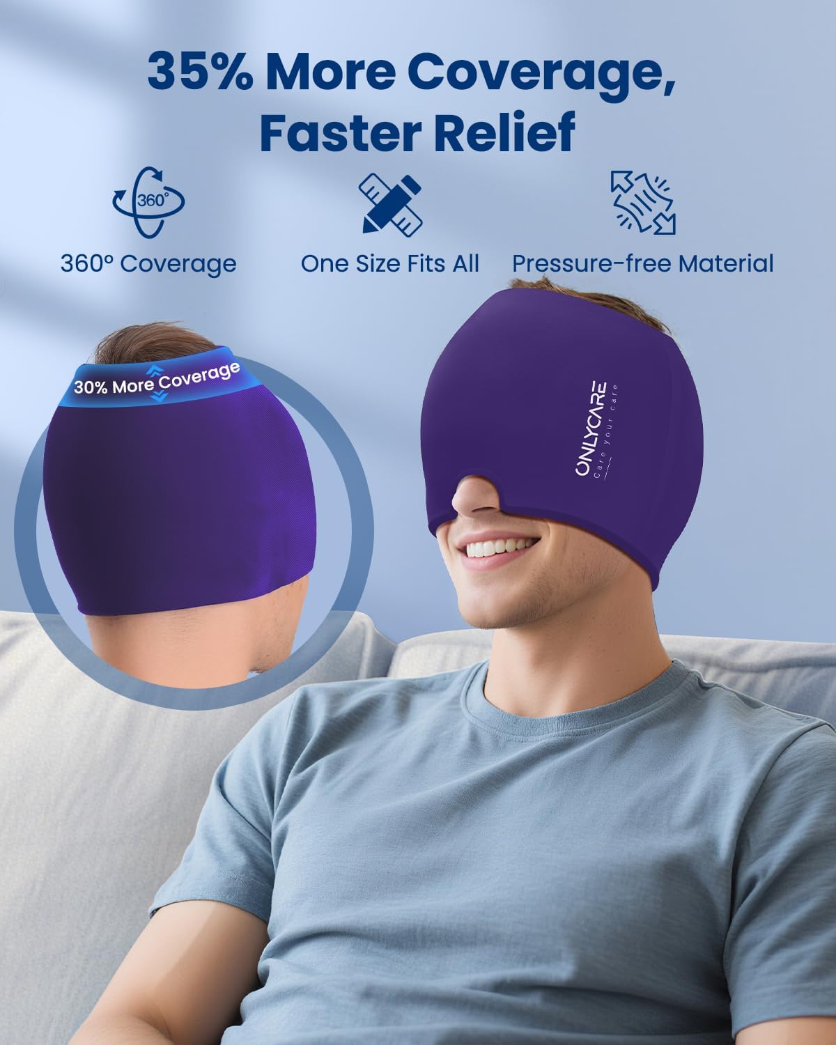 ONLYCARE Migraine Relief Cap, Upgraded Headache Relief Cap with Odorless Reusable Gel Head Wrap, Soothing Face Ice Pack Mask Products with Hot & Cold Therapy for Tension, Stress, Hangover & Puffy Eyes